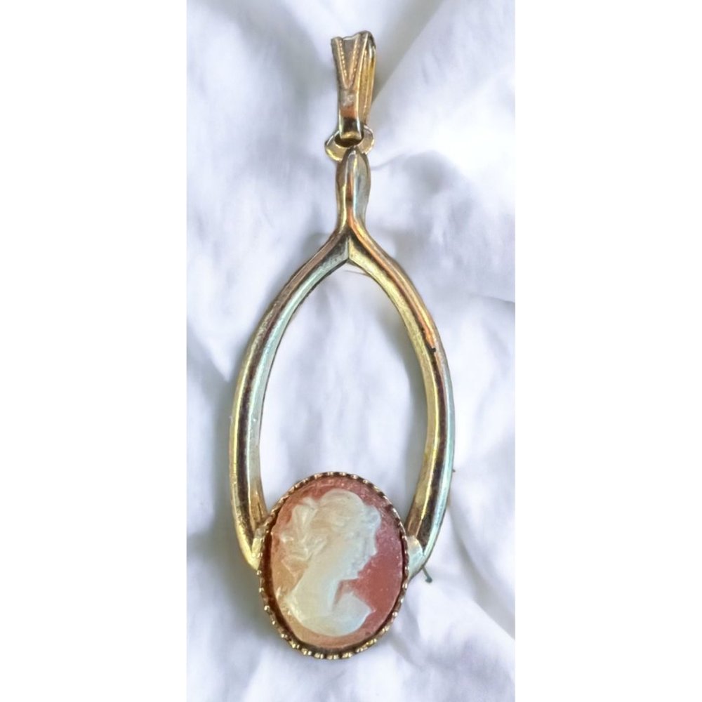 Vintage Gold Tone Wishbone with Cameo Pendant - Picture 3 of 13